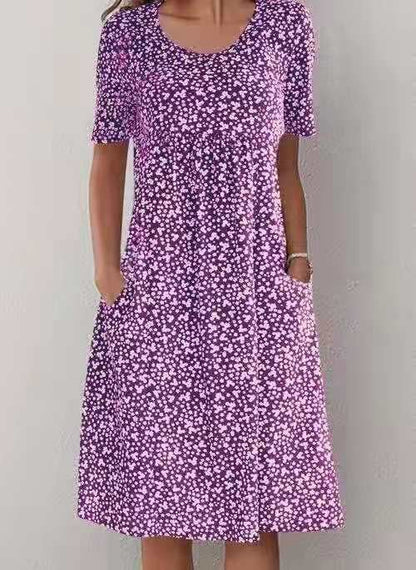 💫💛Vestido feminino casual com decote redondo e padrão floral (8 cores, com bolsos)