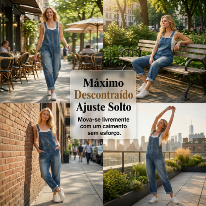 ✨👗 Macacão de ganga largo com alças ajustáveis – Corte descontraído e bolsos fundos para um conforto diário