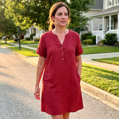 ✨👗Vestido túnica feminino com decote em V – Corte descontraído, bolsos e tecido respirável