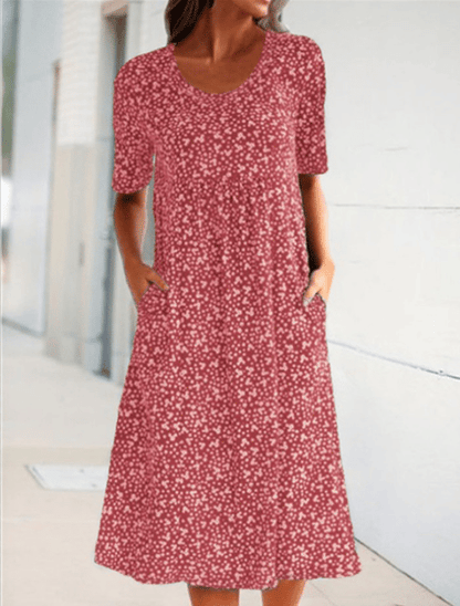 💫💛Vestido feminino casual com decote redondo e padrão floral (8 cores, com bolsos)