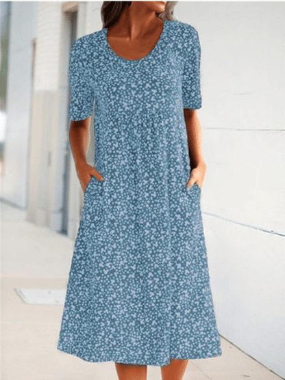 💫💛Vestido feminino casual com decote redondo e padrão floral (8 cores, com bolsos)