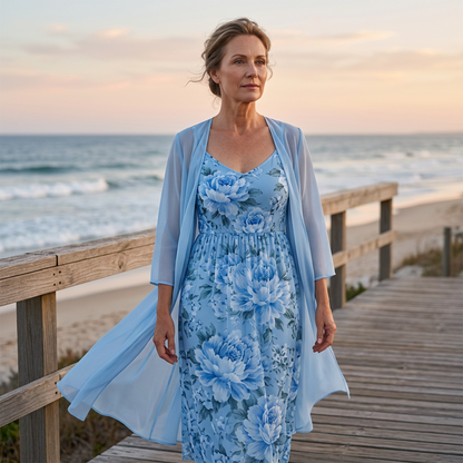 🌸👗Conjunto elegante de vestido floral de duas peças para mulher – O look perfeito para as férias de verão✨
