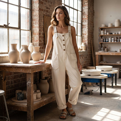 ✨👗 Macacão de ganga largo com alças ajustáveis – Corte descontraído e bolsos fundos para um conforto diário