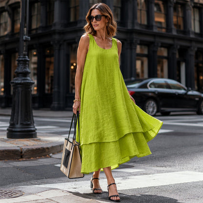 ✨💕 Vestido sem mangas de dupla camada – Elegância natural e um look moderno em camadas para o dia a dia