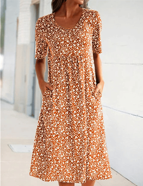 💫💛Vestido feminino casual com decote redondo e padrão floral (8 cores, com bolsos)