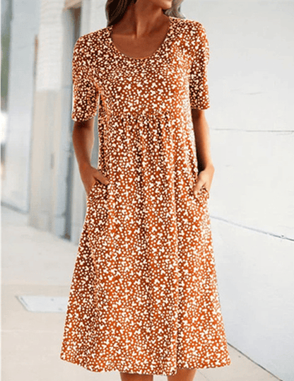 💫💛Vestido feminino casual com decote redondo e padrão floral (8 cores, com bolsos)