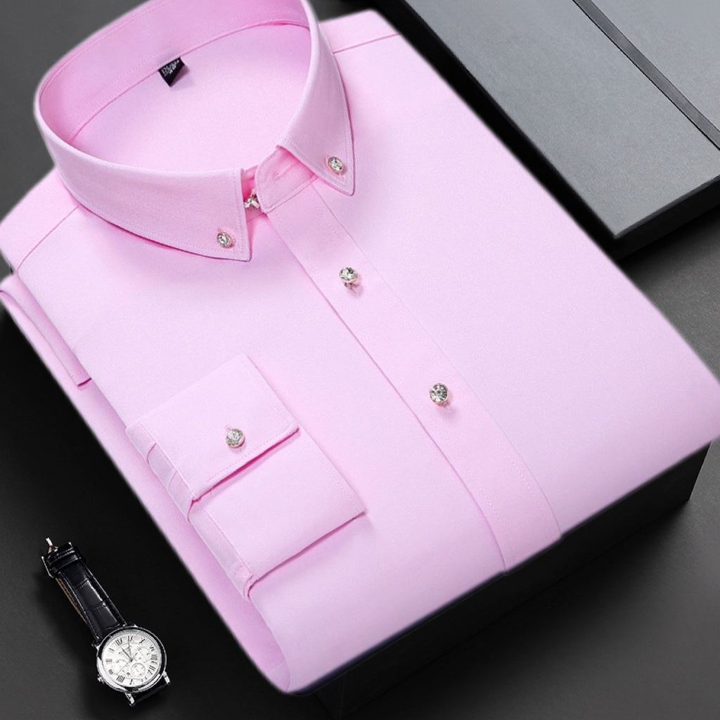 Camisa elástica para hombre resistente a las arrugas con botones de imitación de diamante