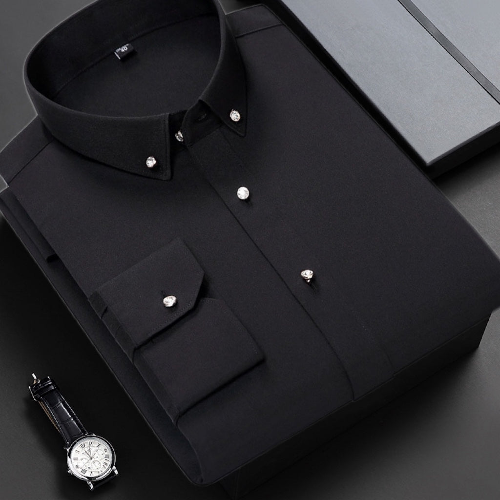 Camisa elástica para hombre resistente a las arrugas con botones de imitación de diamante