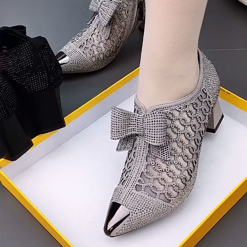 Tacones de mujer de malla hueca con lazo de diamantes de imitación