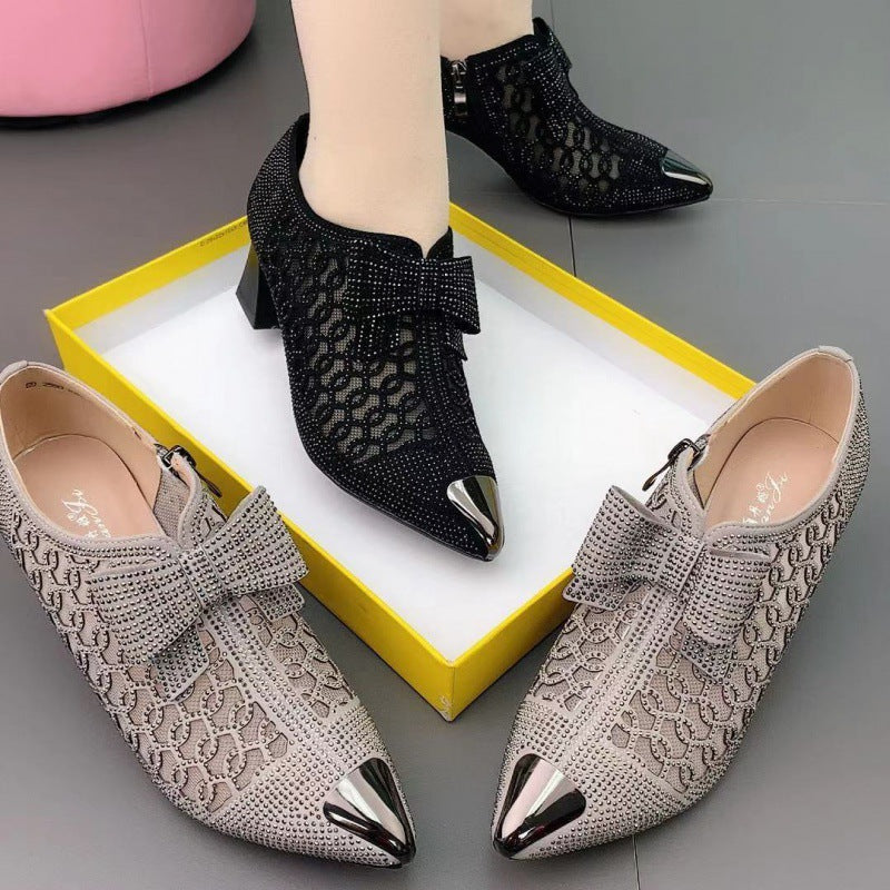 Tacones de mujer de malla hueca con lazo de diamantes de imitación