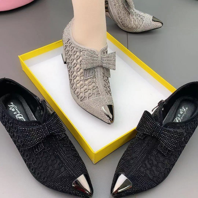 Tacones de mujer de malla hueca con lazo de diamantes de imitación