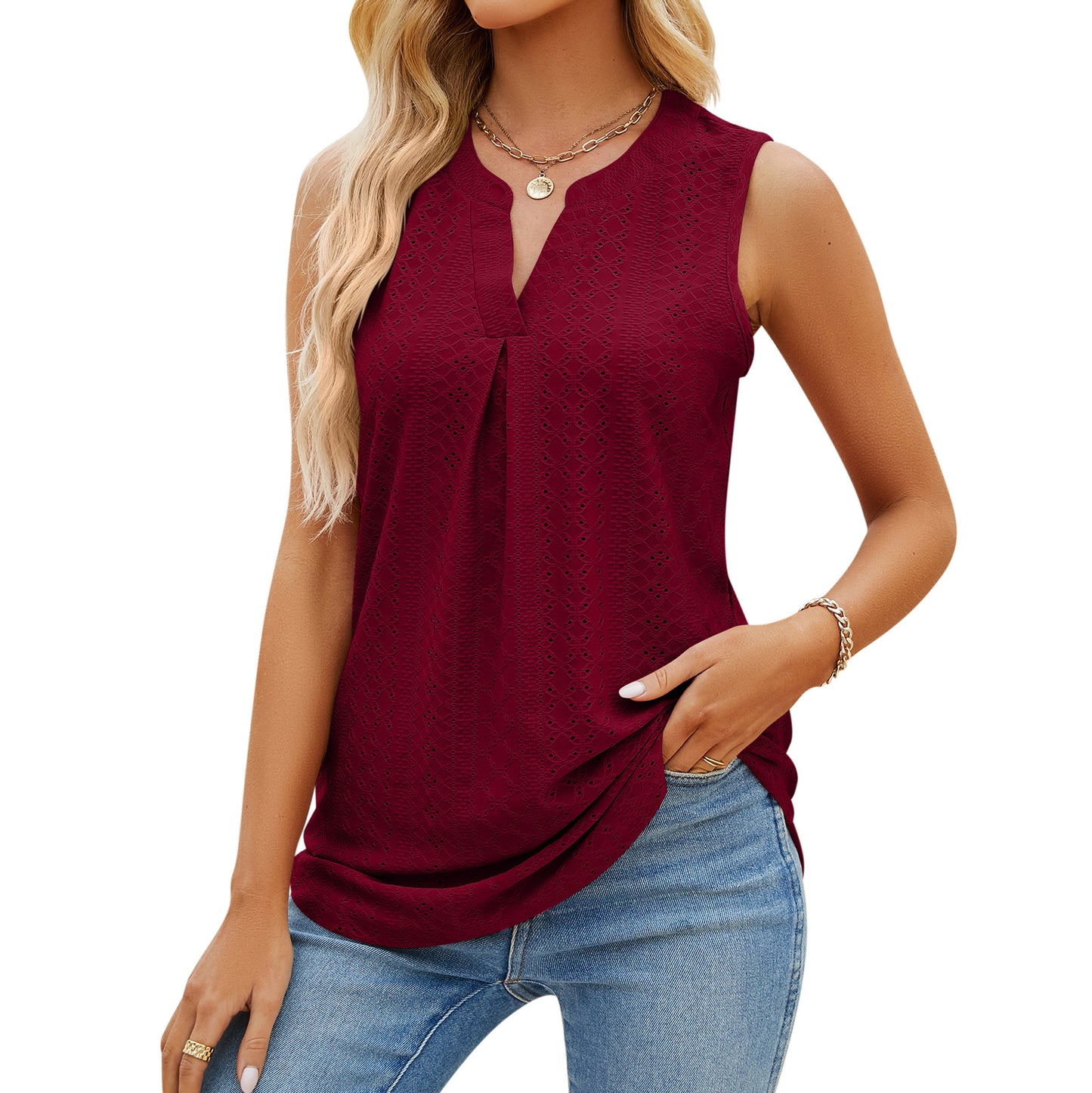 Camiseta de tirantes slim fit de malla de color sólido con cuello en V para mujer