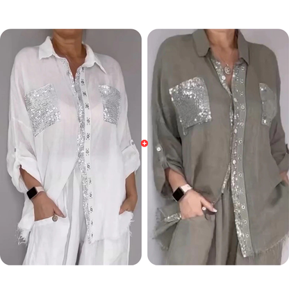 ✨👗Conjunto de camisa com lantejoulas e calças largas para mulher