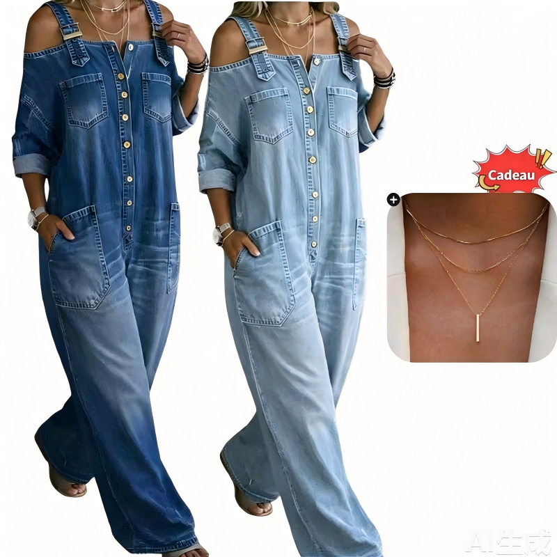 👗✨ Macacão feminino jeans de ombro à mostra com caimento largo que valoriza o corpo com estilo moderno