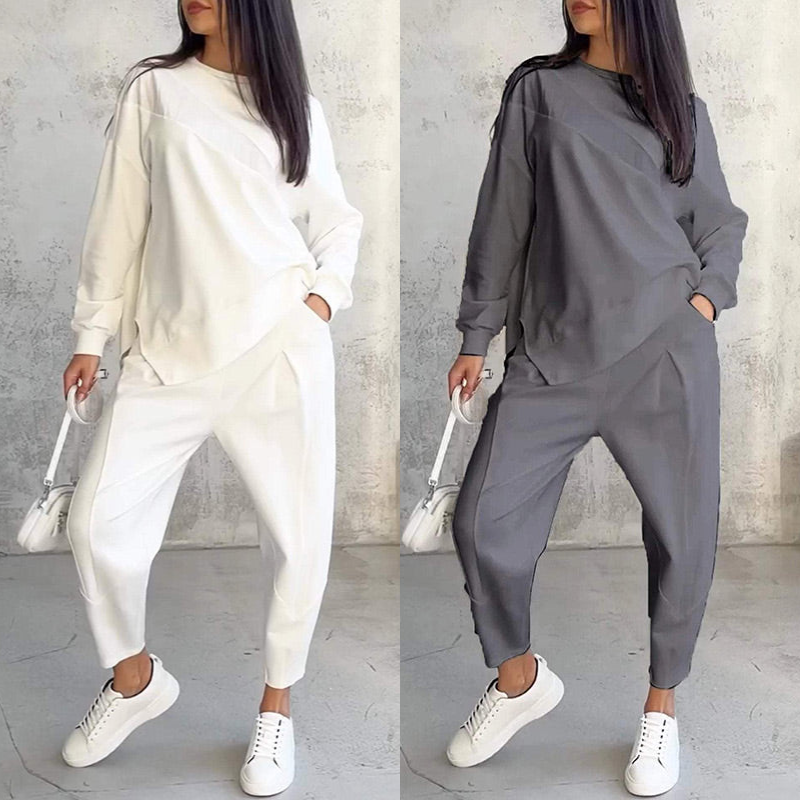 🌸✨Conjunto Feminino: Sweatshirt de Manga Longa com Barra Irregular e Calças