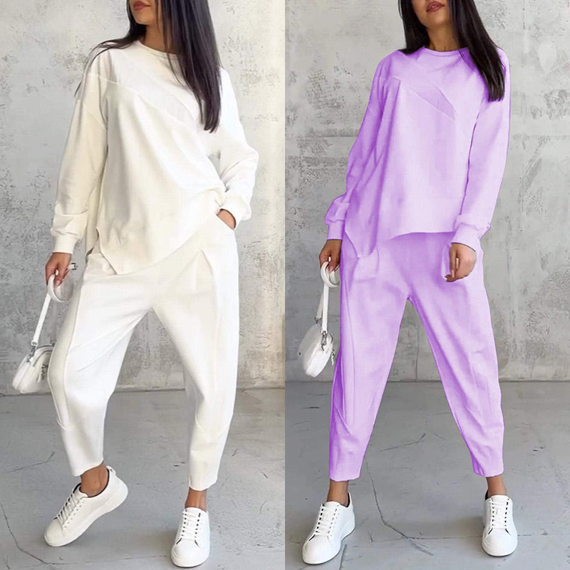 🌸✨Conjunto Feminino: Sweatshirt de Manga Longa com Barra Irregular e Calças