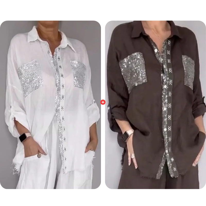 ✨👗Conjunto de camisa com lantejoulas e calças largas para mulher