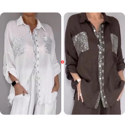 ✨👗Conjunto de camisa com lantejoulas e calças largas para mulher