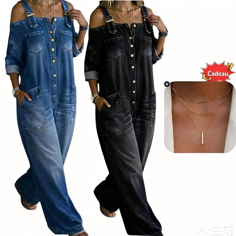 👗✨ Macacão feminino jeans de ombro à mostra com caimento largo que valoriza o corpo com estilo moderno
