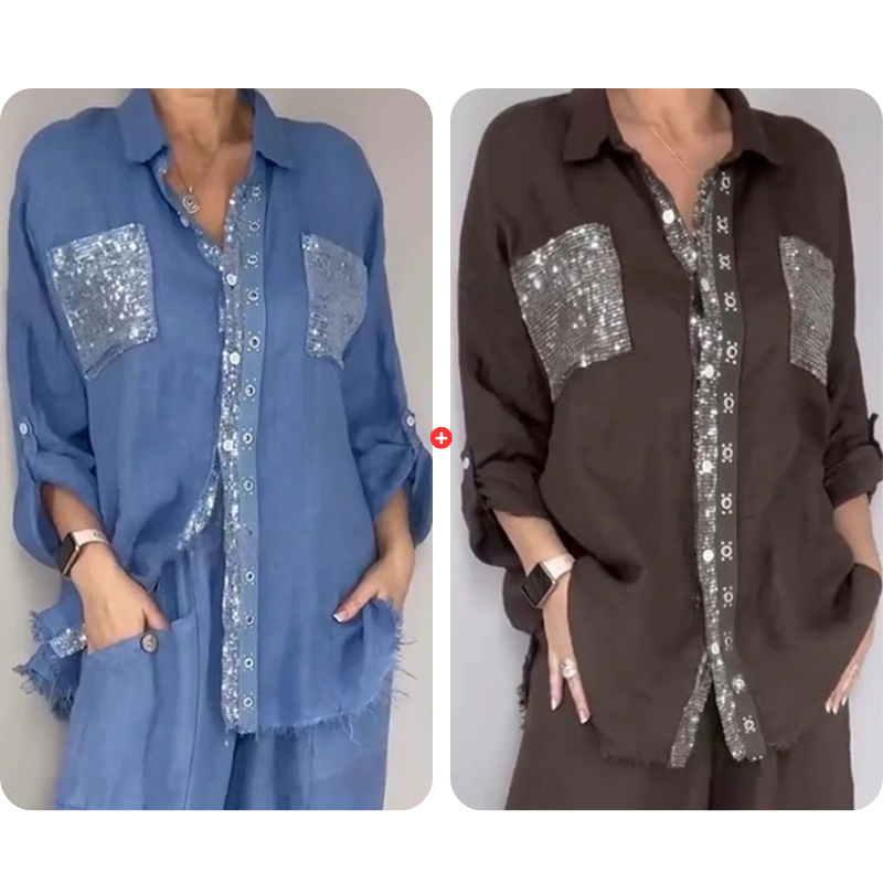 ✨👗Conjunto de camisa com lantejoulas e calças largas para mulher