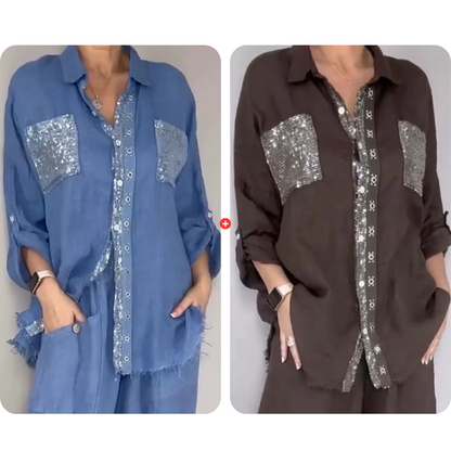 ✨👗Conjunto de camisa com lantejoulas e calças largas para mulher