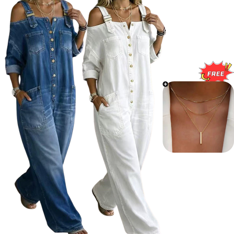 👗✨ Macacão feminino jeans de ombro à mostra com caimento largo que valoriza o corpo com estilo moderno