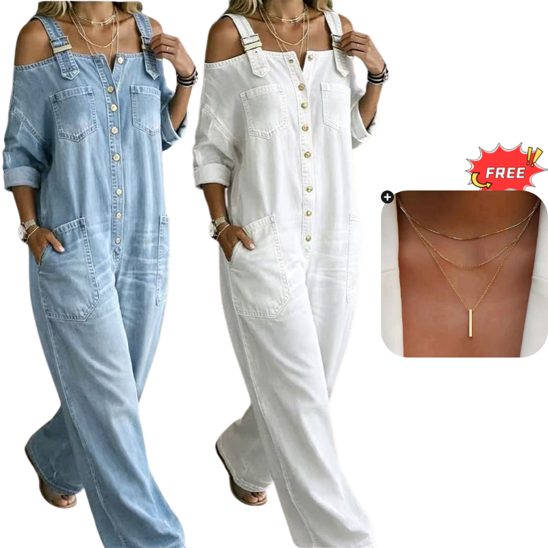 👗✨ Macacão feminino jeans de ombro à mostra com caimento largo que valoriza o corpo com estilo moderno