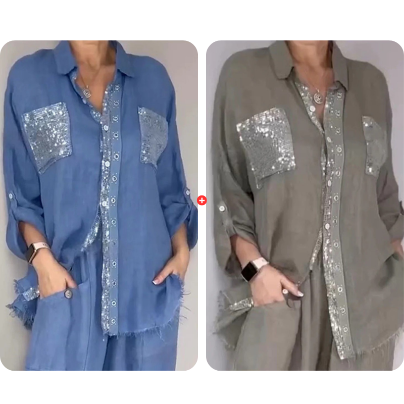 ✨👗Conjunto de camisa com lantejoulas e calças largas para mulher