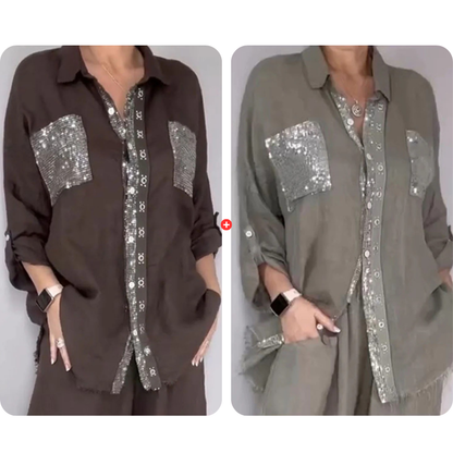 ✨👗Conjunto de camisa com lantejoulas e calças largas para mulher
