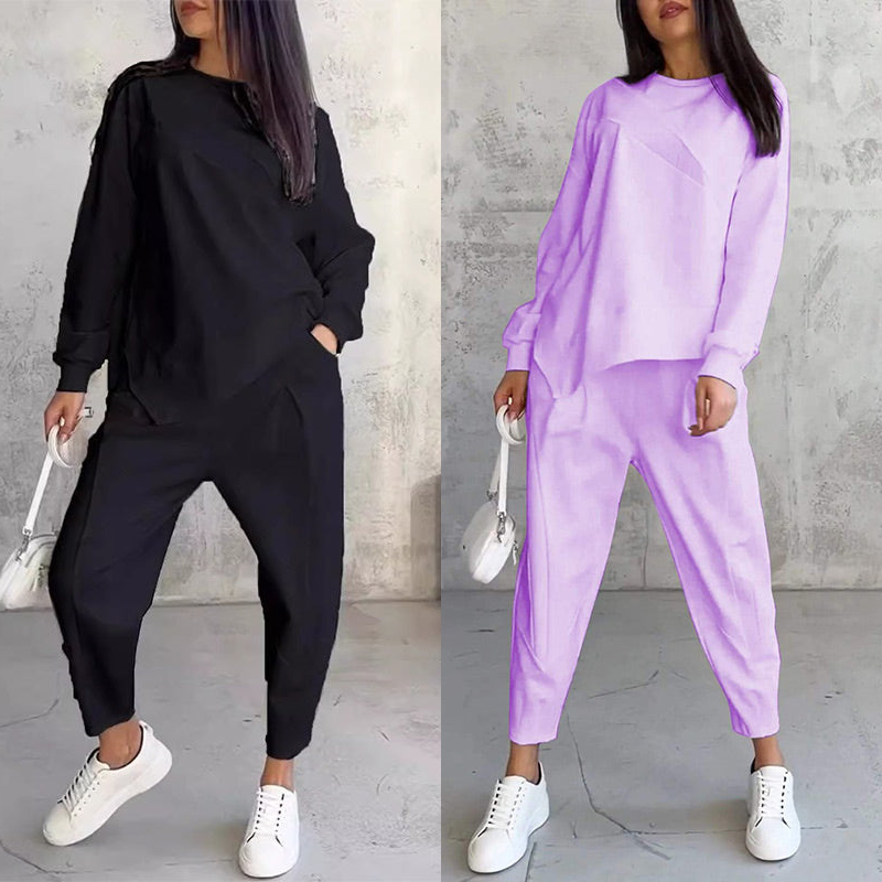 🌸✨Conjunto Feminino: Sweatshirt de Manga Longa com Barra Irregular e Calças