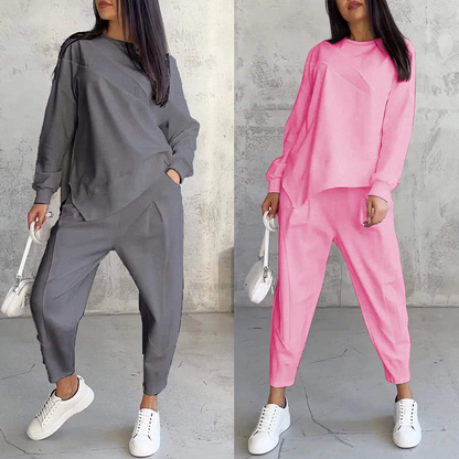🌸✨Conjunto Feminino: Sweatshirt de Manga Longa com Barra Irregular e Calças