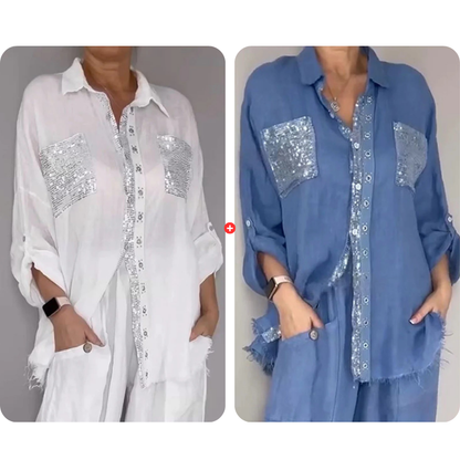 ✨👗Conjunto de camisa com lantejoulas e calças largas para mulher