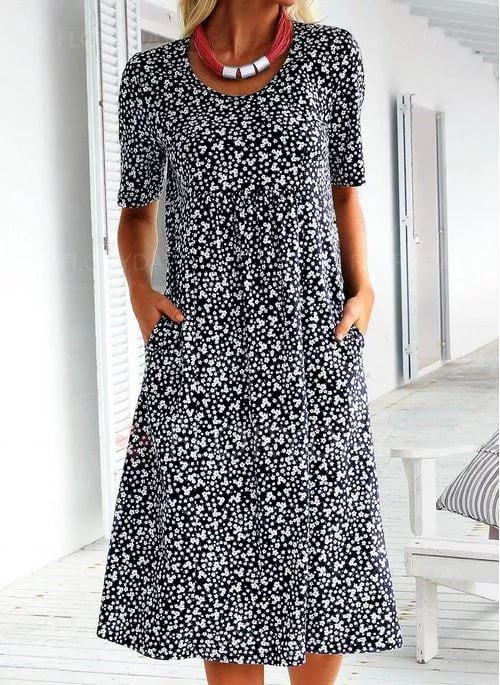 💫💛Vestido feminino casual com decote redondo e padrão floral (8 cores, com bolsos)