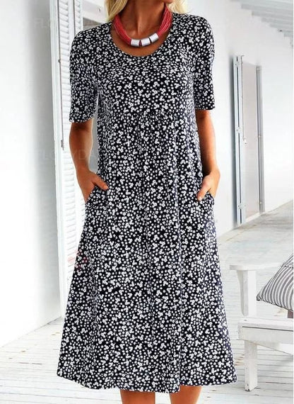 💫💛Vestido feminino casual com decote redondo e padrão floral (8 cores, com bolsos)