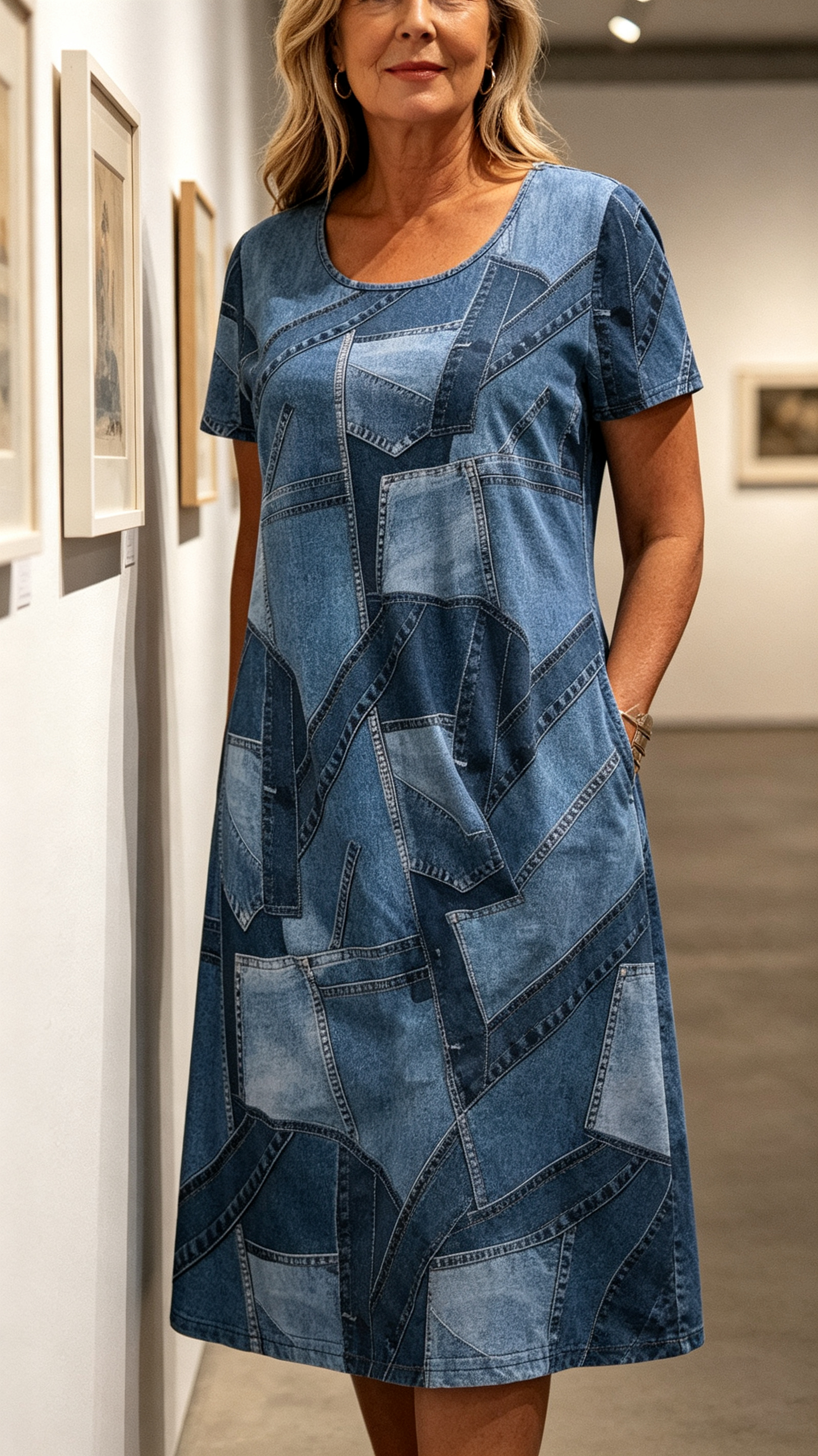 ✨👗Vestido mini casual de manga curta e gola redonda para mulher, com estampado em patchwork de ganga, corte largo e descontraído, respirável, ideal para o dia-a-dia 💕