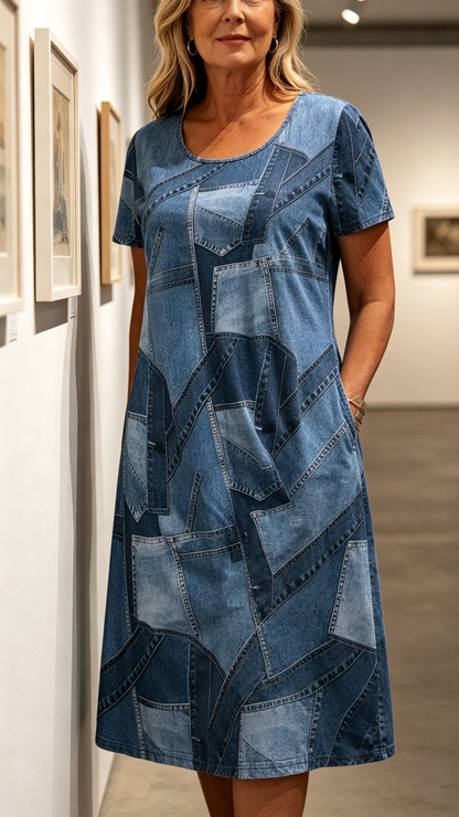 ✨👗Vestido mini casual de manga curta e gola redonda para mulher, com estampado em patchwork de ganga, corte largo e descontraído, respirável, ideal para o dia-a-dia 💕