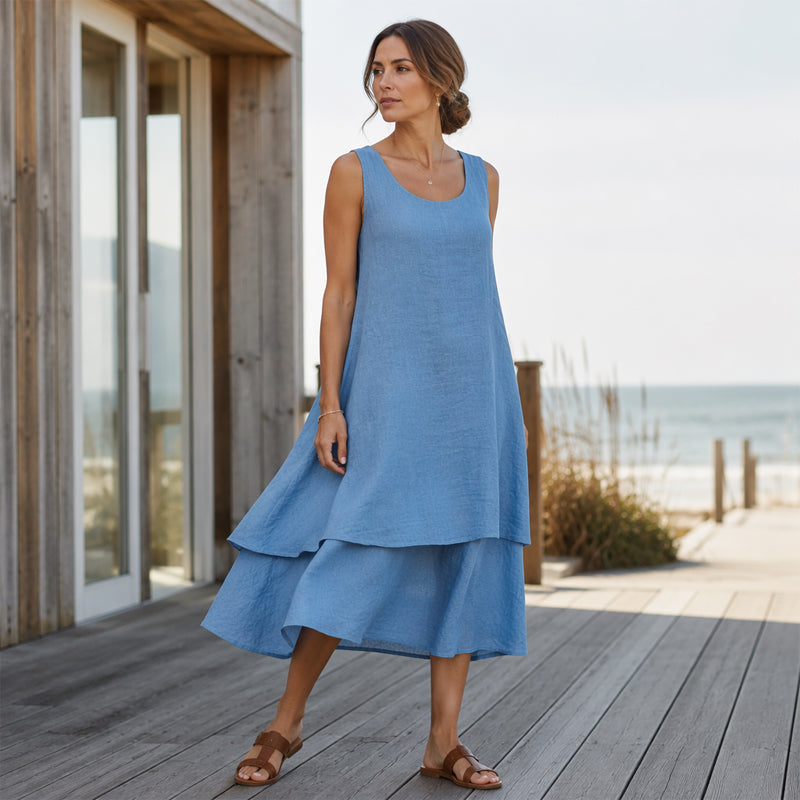 ✨💕 Vestido sem mangas de dupla camada – Elegância natural e um look moderno em camadas para o dia a dia