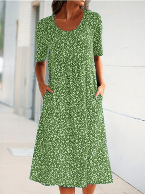 💫💛Vestido feminino casual com decote redondo e padrão floral (8 cores, com bolsos)