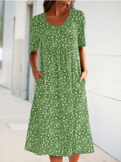 💫💛Vestido feminino casual com decote redondo e padrão floral (8 cores, com bolsos)