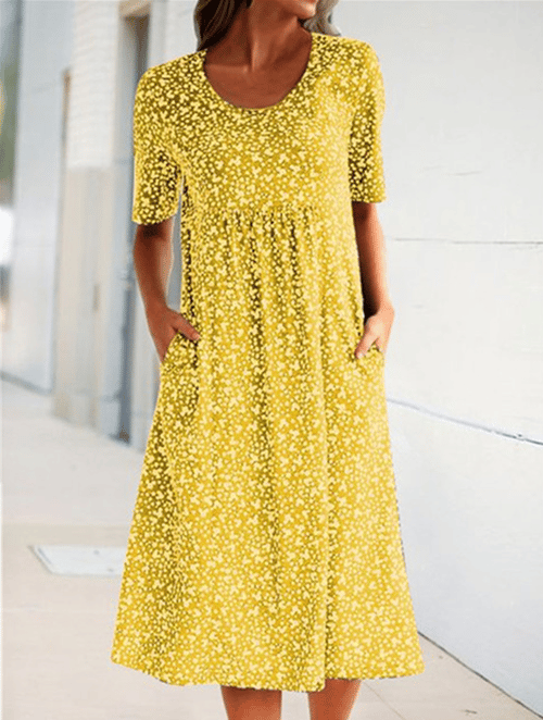 💫💛Vestido feminino casual com decote redondo e padrão floral (8 cores, com bolsos)