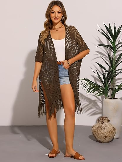 ✨👙Capa de malha feminina com abertura à frente – Quimono de praia com borlas da Tassel Beach Swimwear