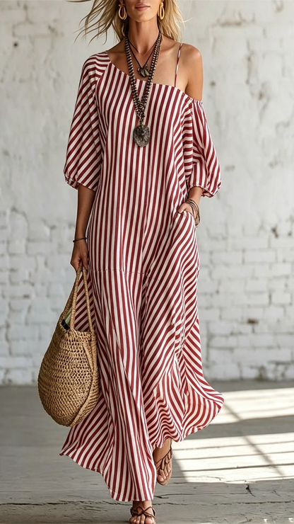 ✨👗Vestido maxi feminino de um ombro só com riscas