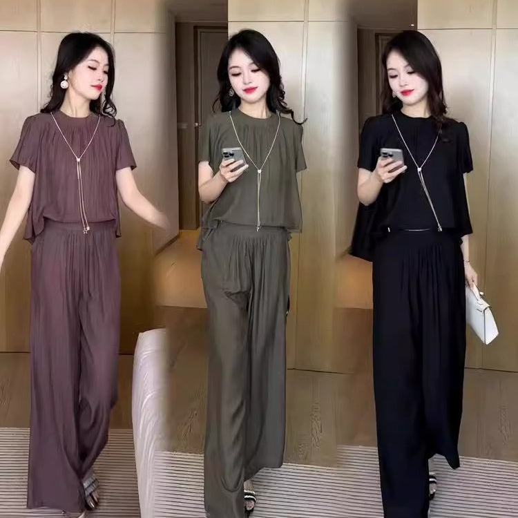 Elegant Solid Color Top Loose Pants 2-Piece Set