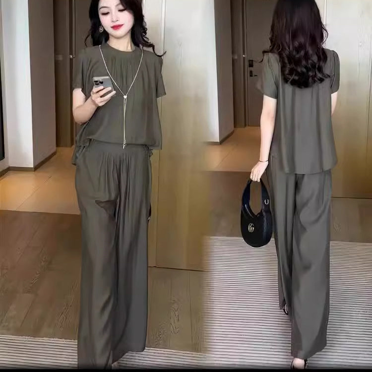 Elegant Solid Color Top Loose Pants 2-Piece Set