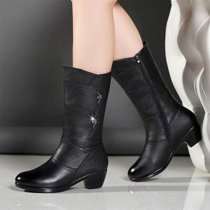 Moda Casual PU Cuero Negro Tacón Botas Mujer