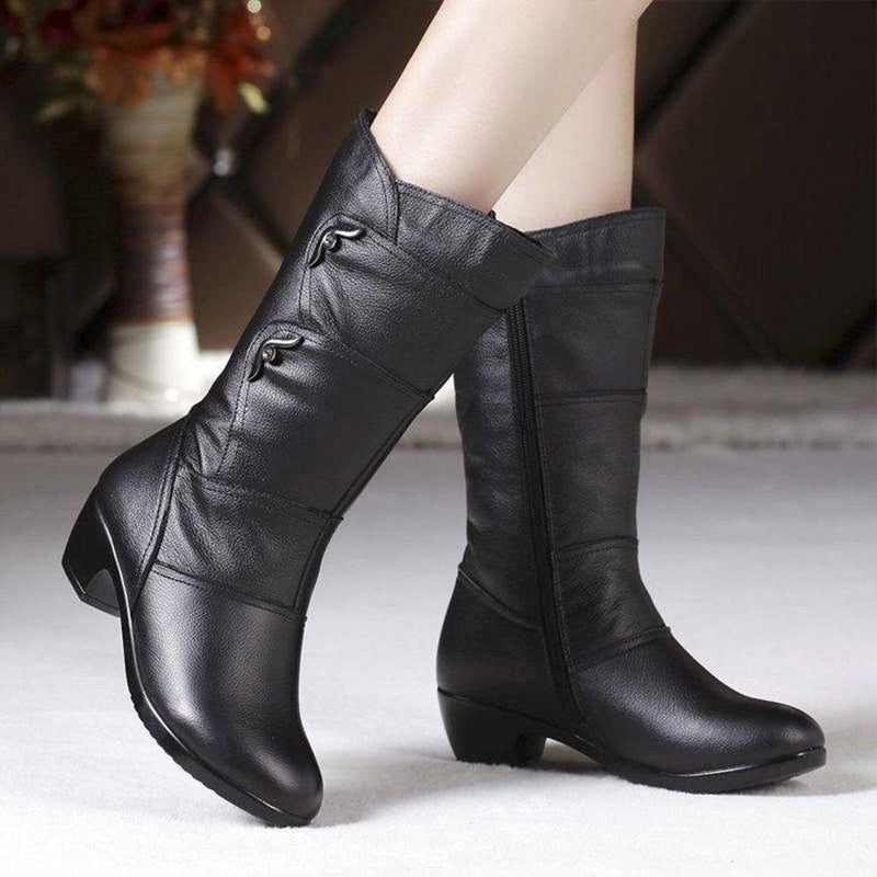 Moda Casual PU Cuero Negro Tacón Botas Mujer