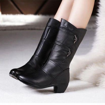 Moda Casual PU Cuero Negro Tacón Botas Mujer