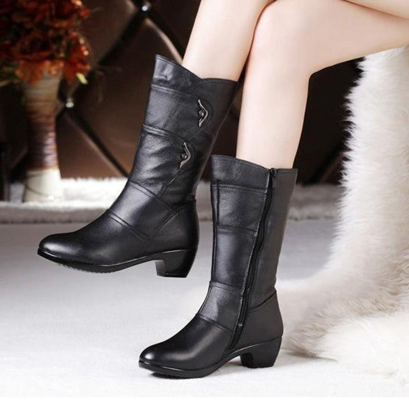 Moda Casual PU Cuero Negro Tacón Botas Mujer