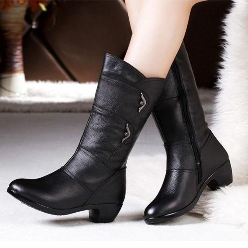 Moda Casual PU Cuero Negro Tacón Botas Mujer