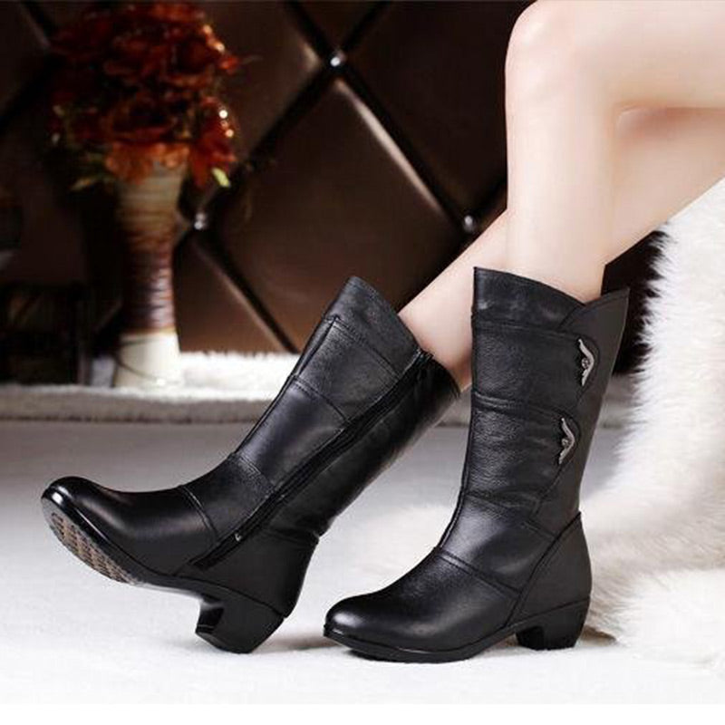 Moda Casual PU Cuero Negro Tacón Botas Mujer